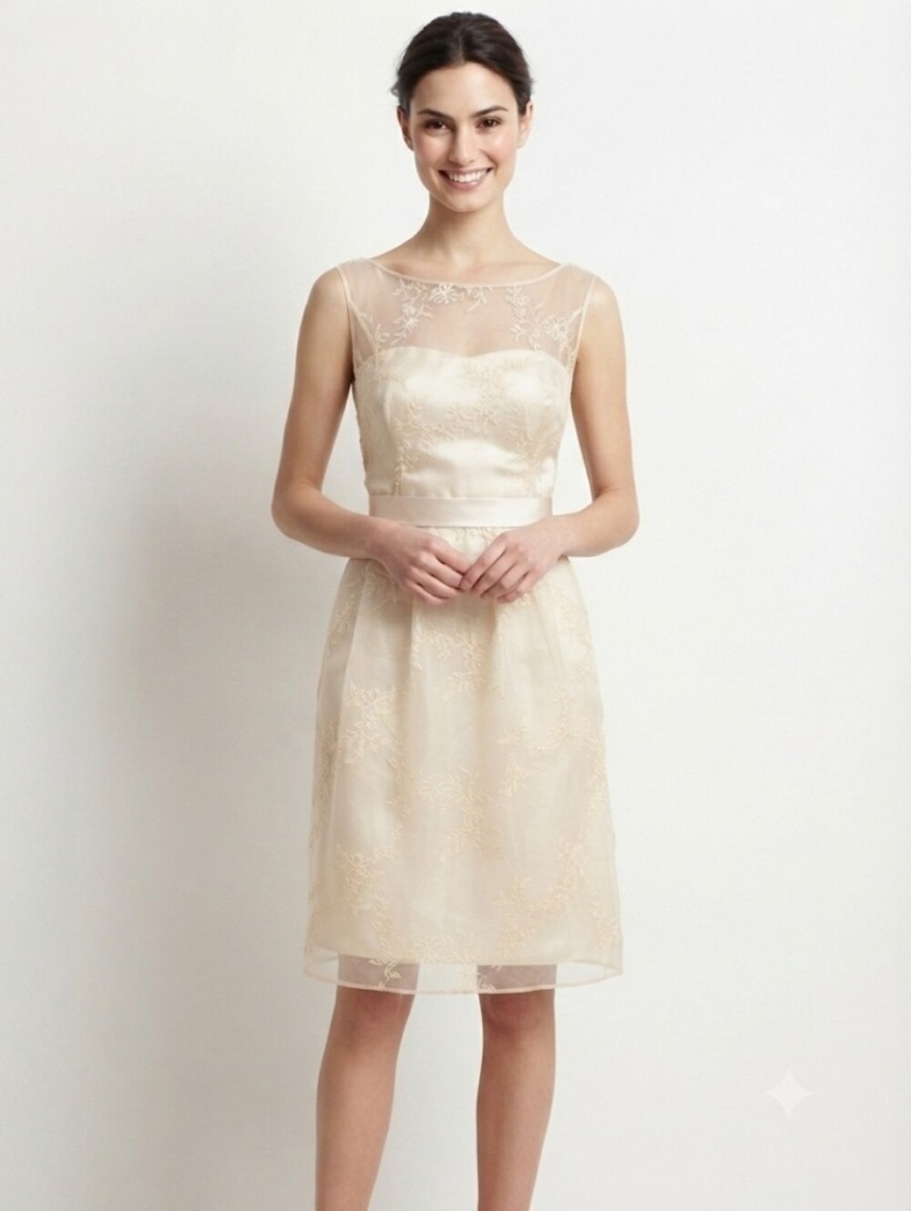 David's Bridal Cream Lace Midi Dress with Illusion Bodice